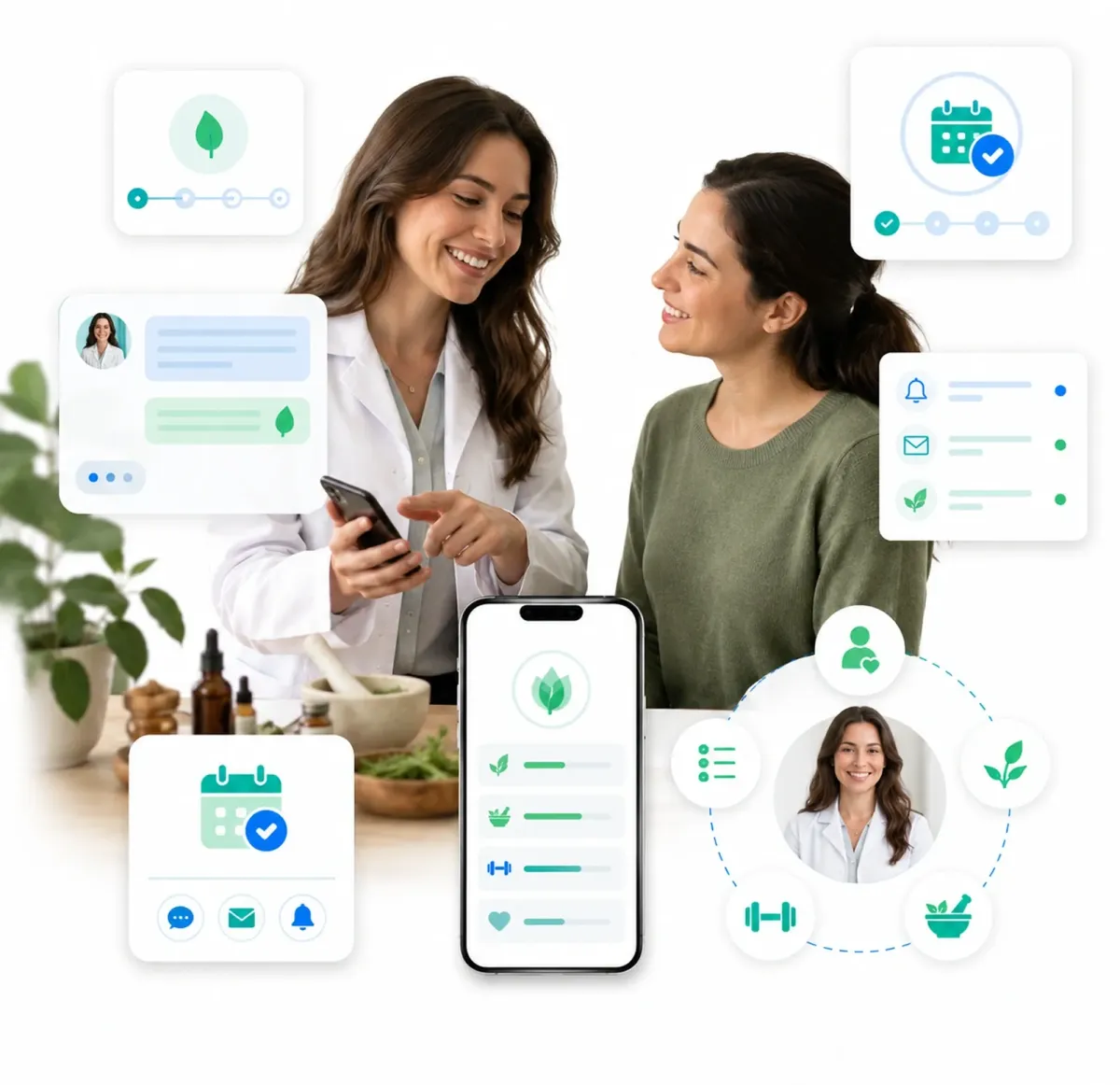 HiClinic sending an appointment reminder, recommended treatment, confirmation and follow-up to a naturopathic patient's phone