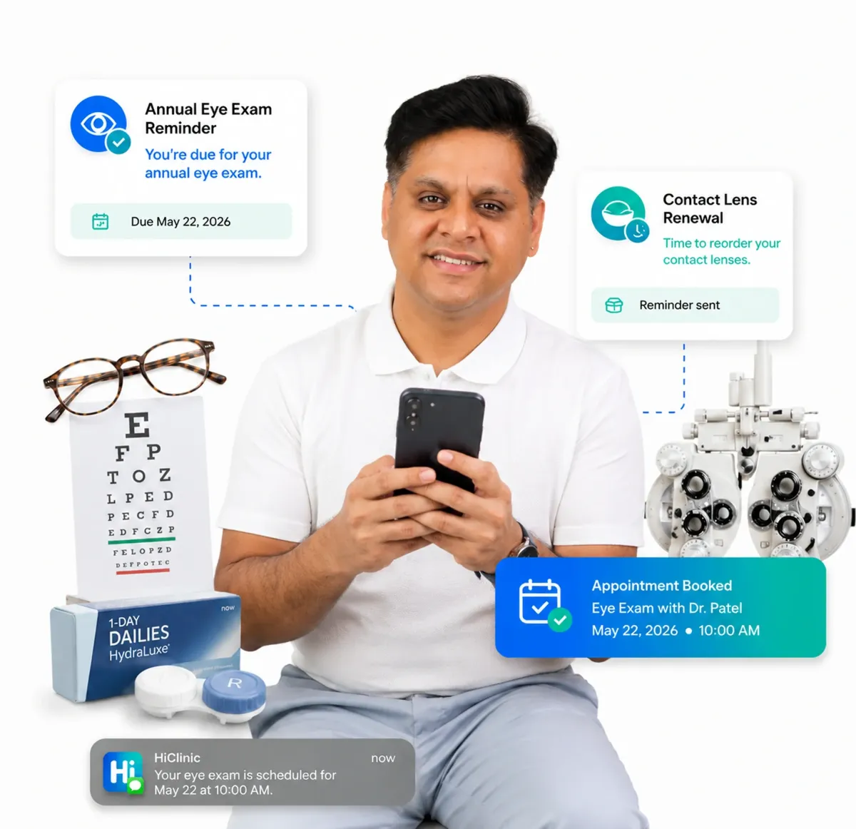 HiClinic sending an appointment reminder, recommended treatment, confirmation and follow-up to a optometry patient's phone