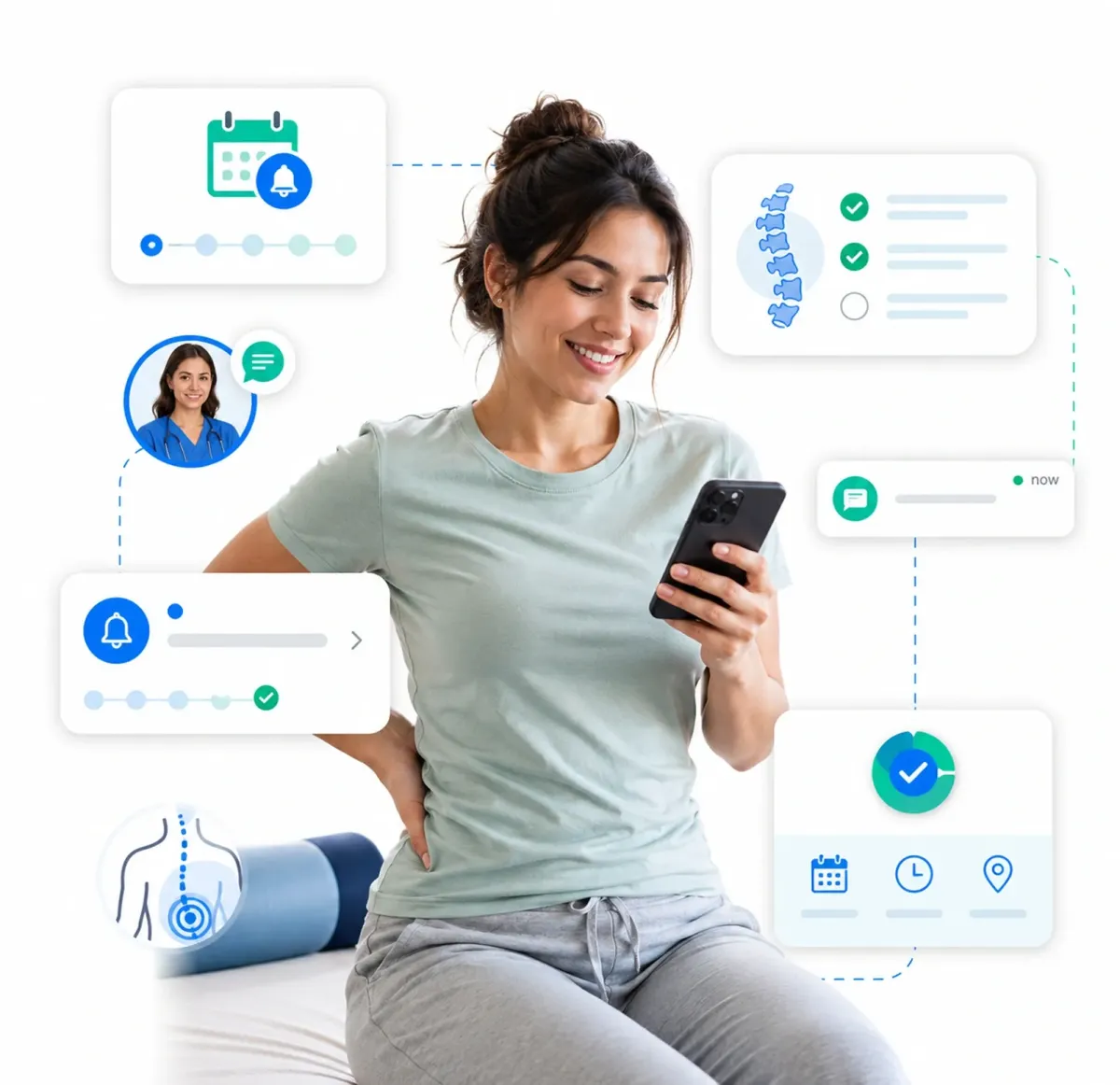 HiClinic sending an appointment reminder, recommended treatment, confirmation and follow-up to a pain management patient's phone