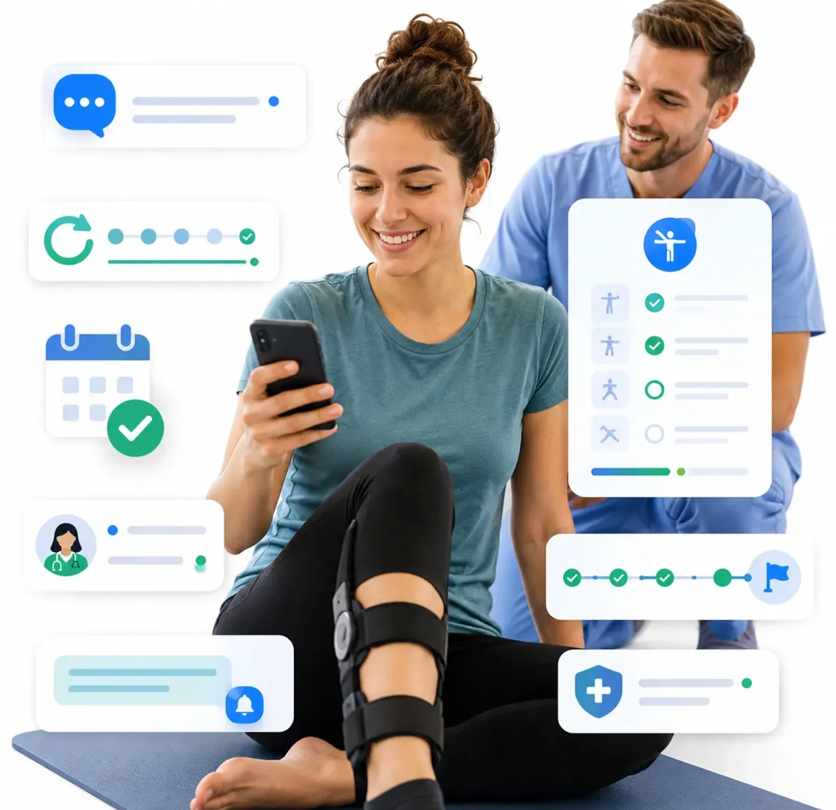 HiClinic sending an appointment reminder, recommended treatment, confirmation and follow-up to a physiotherapy patient's phone