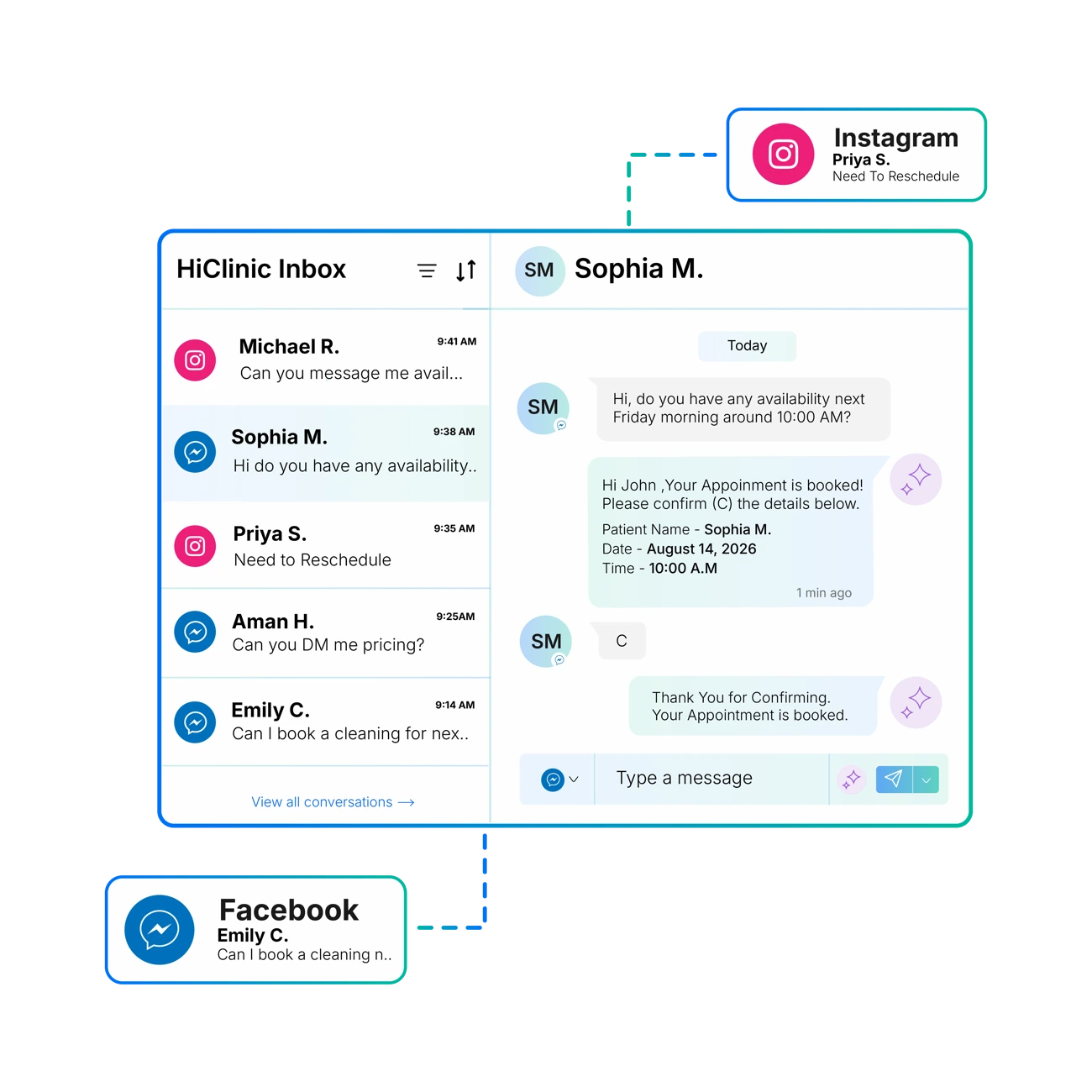HiClinic replying to an Instagram and Facebook DM