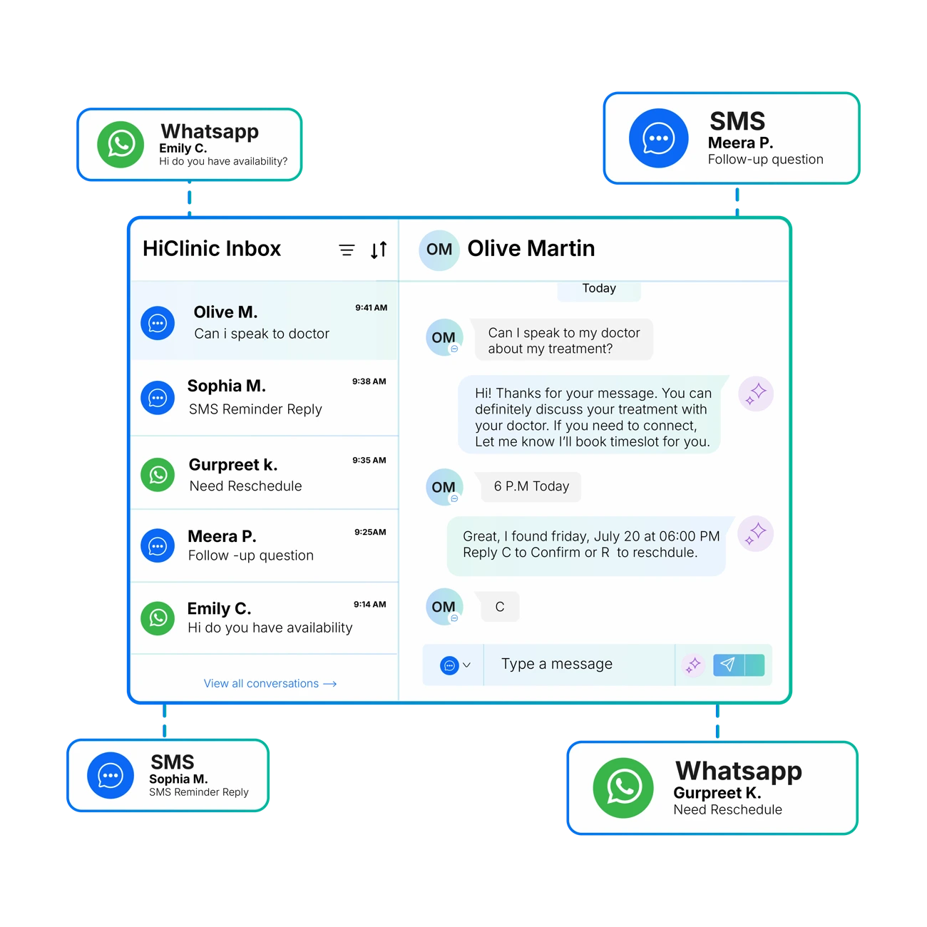 HiClinic texting a patient over SMS and WhatsApp