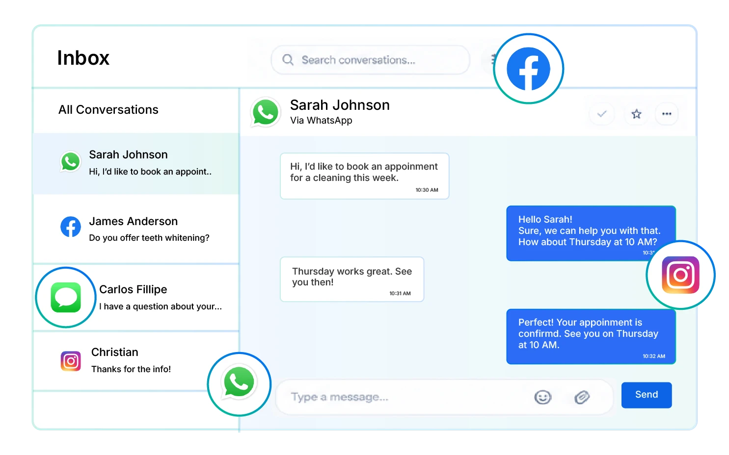 HiClinic’s unified inbox showing calls, texts and DMs in one thread